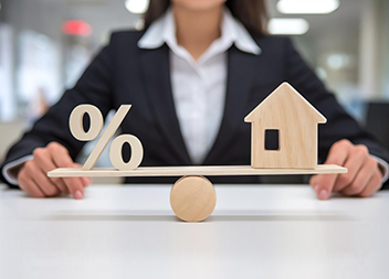 Woman balances wooden house and percentage symbol on scale, representing mortgage concepts. renovate_or_extend_your_home